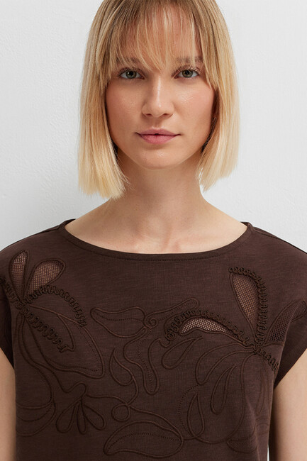 Kadın Kısa Kollu Modelli Penye 1613946-70236 Kahve - Thumbnail