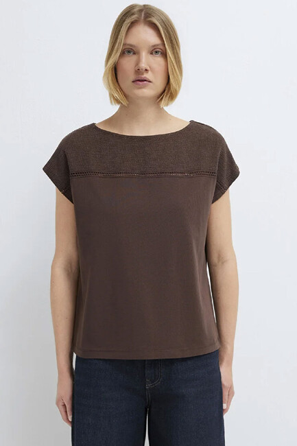 Kadın Kısa Kollu Modelli Penye 1613969-70236 Kahve (3)