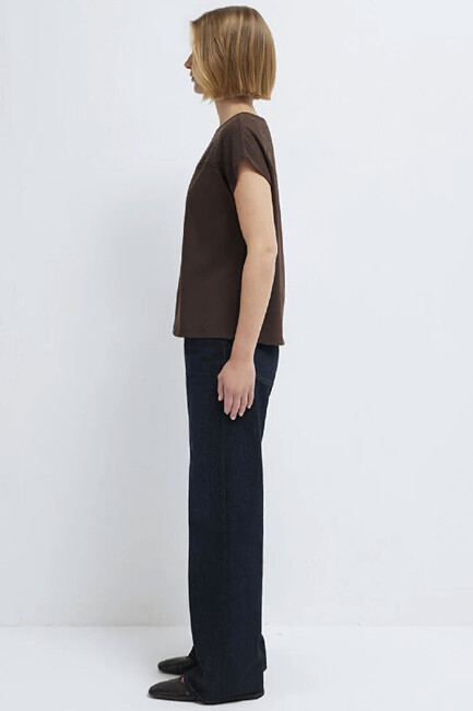 Kadın Kısa Kollu Modelli Penye 1613969-70236 Kahve - Thumbnail