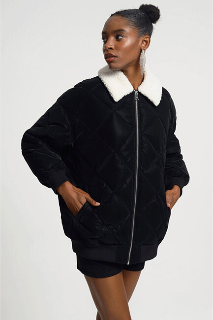 Kadın Kürk Yaka Mont LF2033328 Siyah - Thumbnail