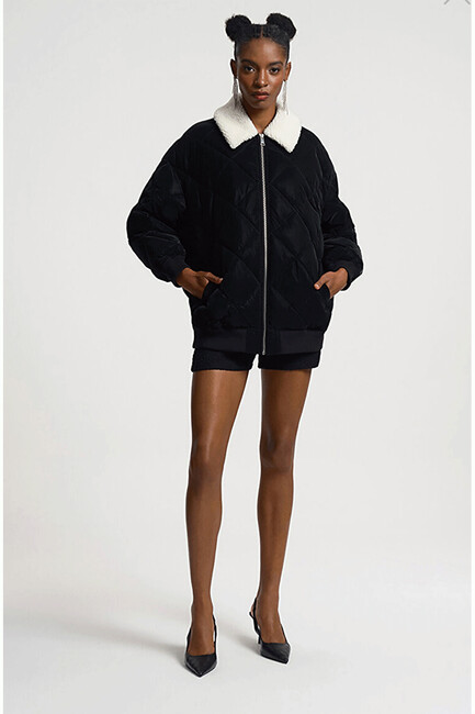 Kadın Kürk Yaka Mont LF2033328 Siyah (2)