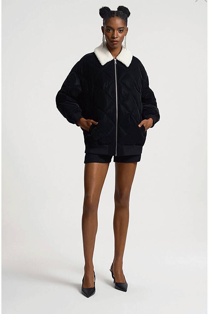 Kadın Kürk Yaka Mont LF2033328 Siyah 