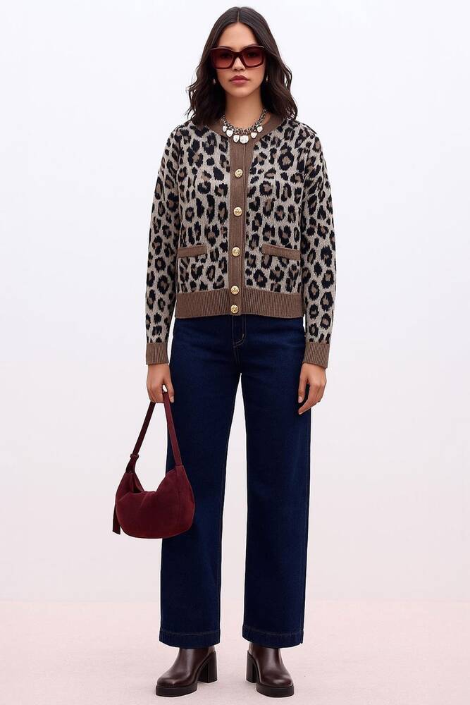 Kadın Leopar Desenli Hırka 25K0083K1 Kahve 