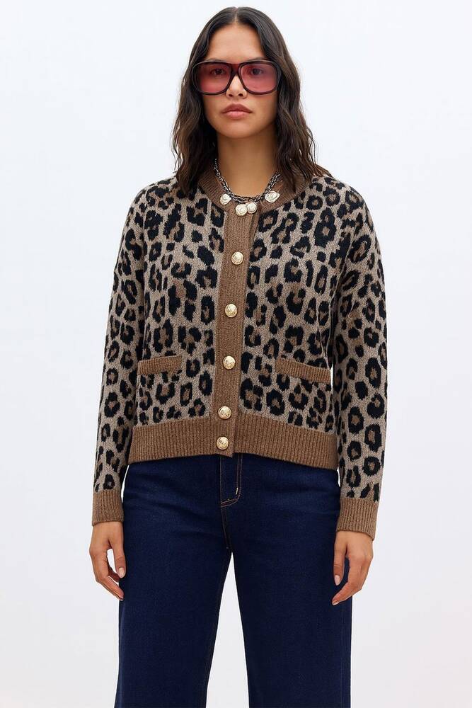 Kadın Leopar Desenli Hırka 25K0083K1 Kahve 