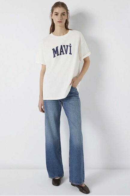 Kadın Mavi Baskılı Tişört 1600843-81964 Ekru (1)