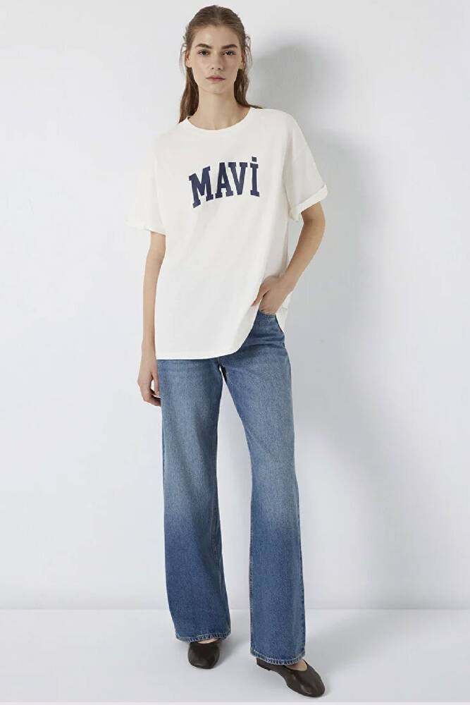 Kadın Mavi Baskılı Tişört 1600843-81964 Ekru 