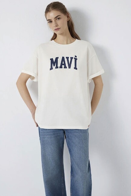 Kadın Mavi Baskılı Tişört 1600843-81964 Ekru (2)