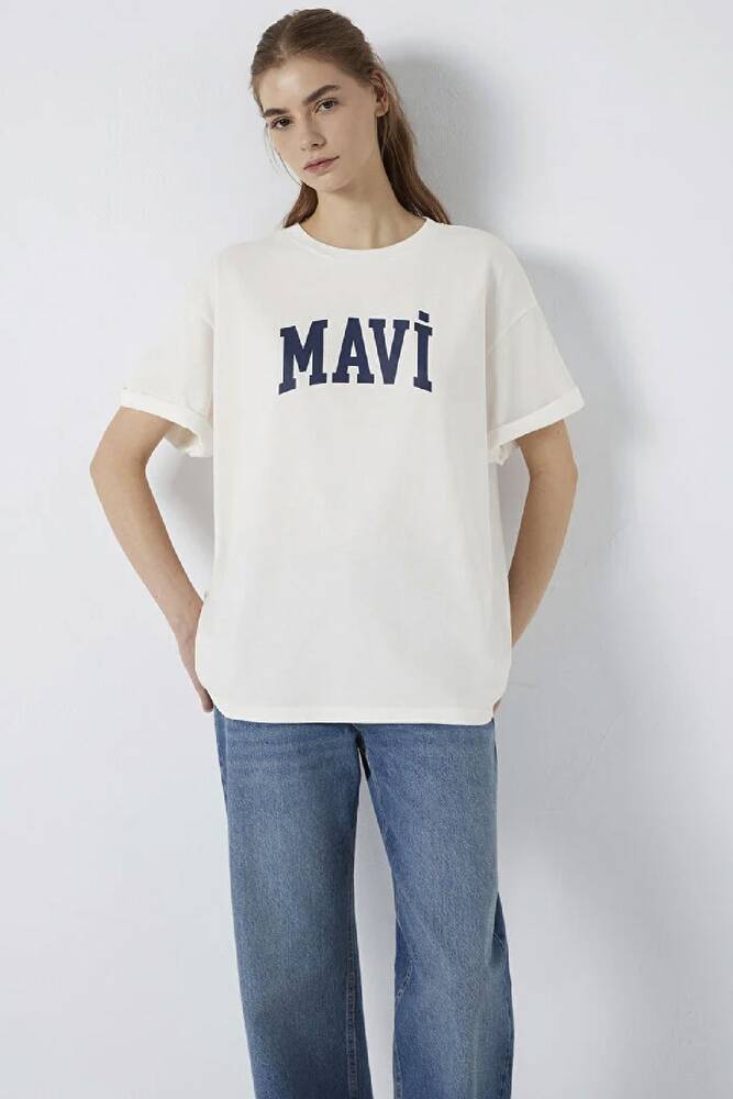 Kadın Mavi Baskılı Tişört 1600843-81964 Ekru 