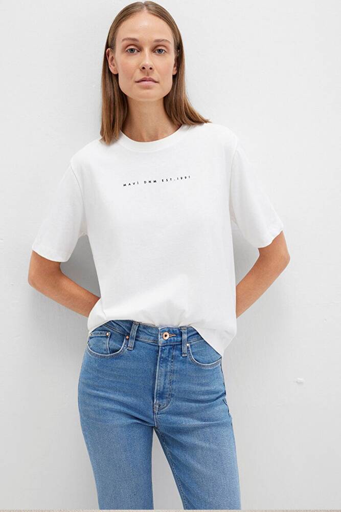 Kadın Mavi Baskılı Tişört 1613147-70057 Beyaz 