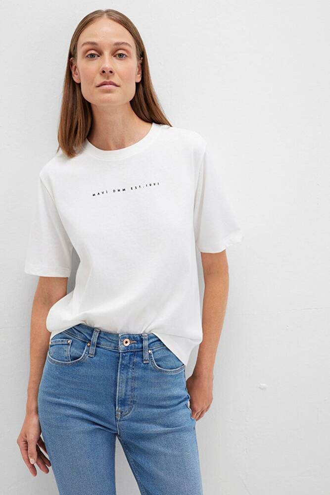 Kadın Mavi Baskılı Tişört 1613147-70057 Beyaz 