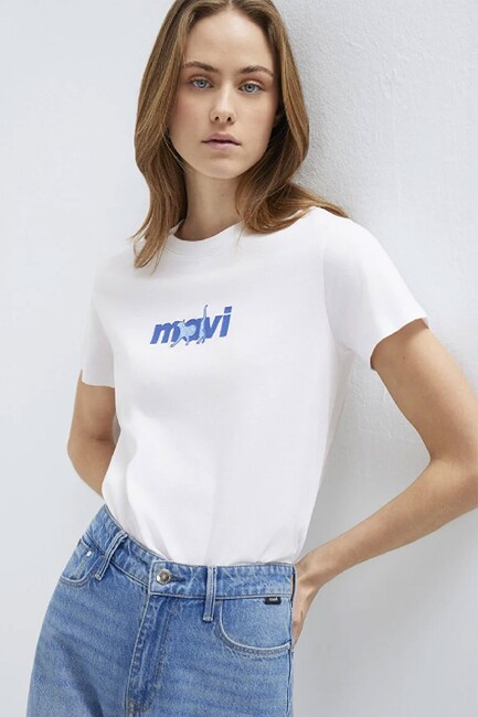 Kadın Mavi Baskılı Tişört 1613287-620 Beyaz (1)