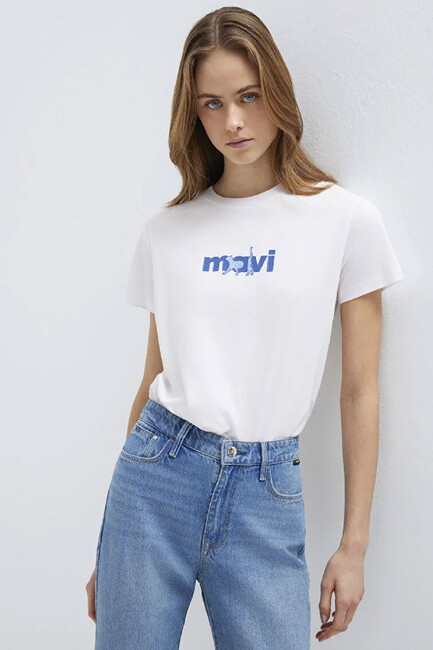 Kadın Mavi Baskılı Tişört 1613287-620 Beyaz (3)