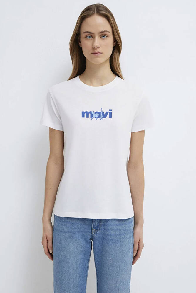 Kadın Mavi Baskılı Tişört 1613287-620 Beyaz 