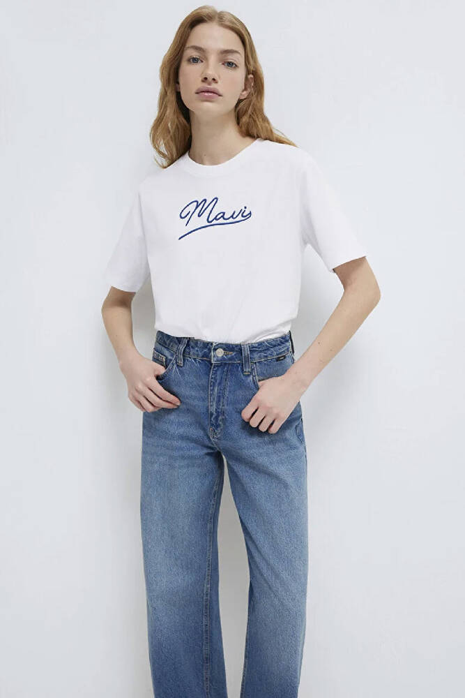 Kadın Mavi Jeans Baskılı Tişört 1612421-620 Beyaz 