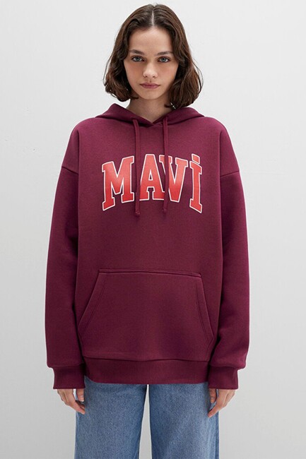 Kadın Mavi Kapüşonlu Sweat 1600361-90705 Bordo - Thumbnail