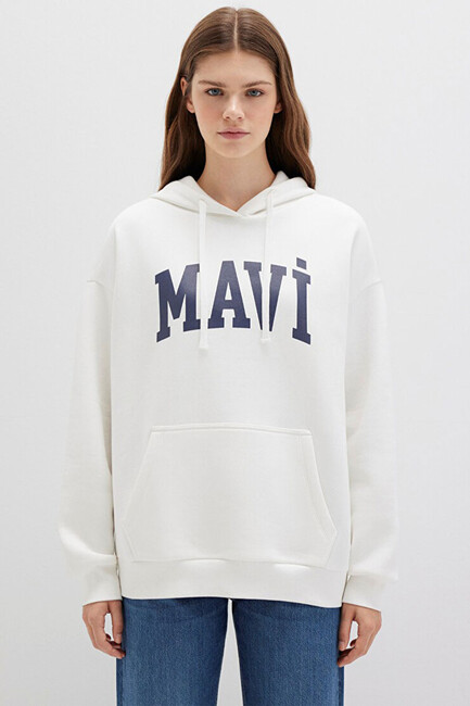 Kadın Mavi Logo Kapüşonlu Sweat 1600361-81964 Beyaz - Thumbnail