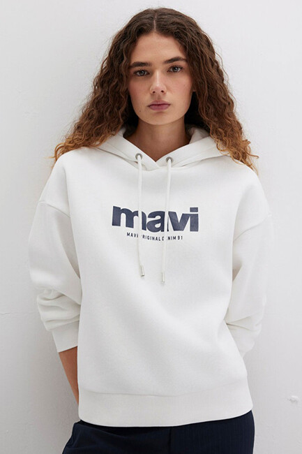 Kadın Mavi Logo Baskılı Kapüşonlu Sweat 168334-81964 Beyaz (1)