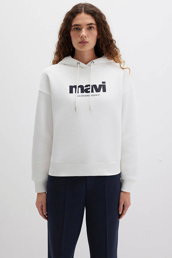 Kadın Mavi Logo Baskılı Kapüşonlu Sweat 168334-81964 Beyaz 