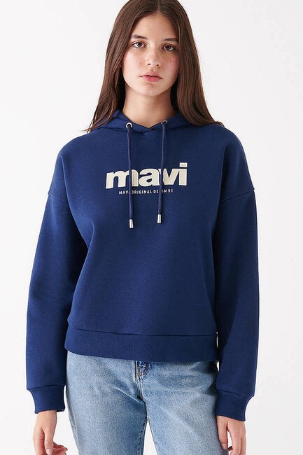 Kadın Mavi Logo Baskılı Kapüşonlu Sweatshırt 168334-70488 Lacivert (1)
