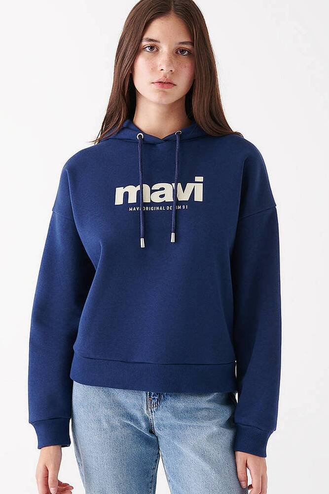 Kadın Mavi Logo Baskılı Kapüşonlu Sweatshırt 168334-70488 Lacivert 