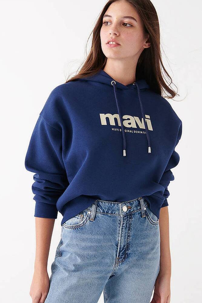 Kadın Mavi Logo Baskılı Kapüşonlu Sweatshırt 168334-70488 Lacivert 