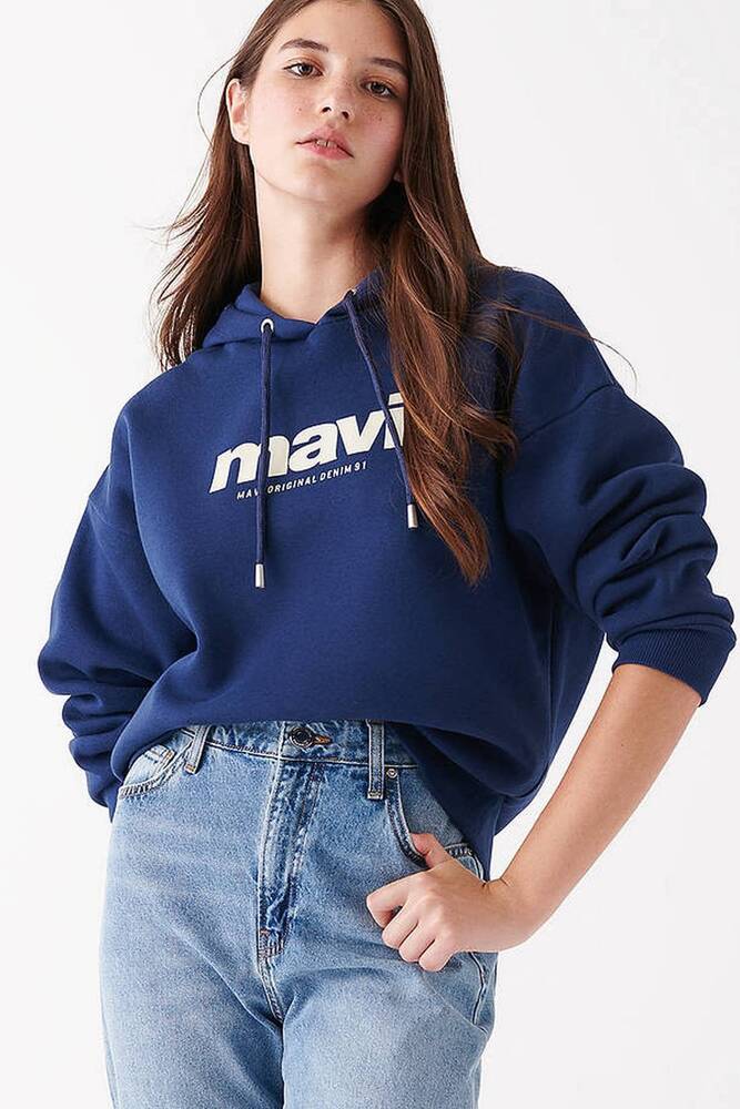 Kadın Mavi Logo Baskılı Kapüşonlu Sweatshırt 168334-70488 Lacivert 
