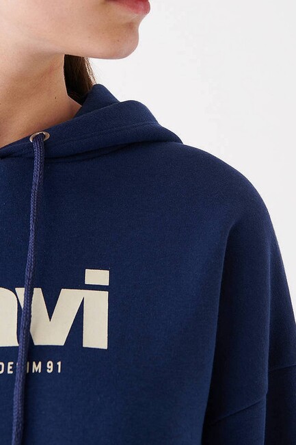 Kadın Mavi Logo Baskılı Kapüşonlu Sweatshırt 168334-70488 Lacivert - Thumbnail