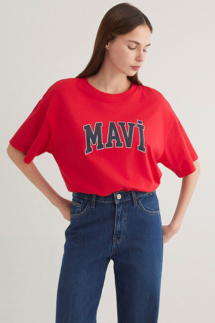 Kadın Mavi Logo Baskılı Tişört 1600843-82054 Kırmızı (1)
