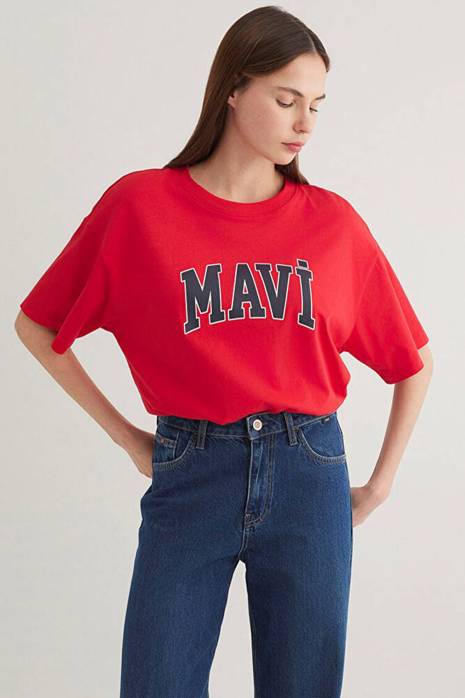 Kadın Mavi Logo Baskılı Tişört 1600843-82054 Kırmızı 