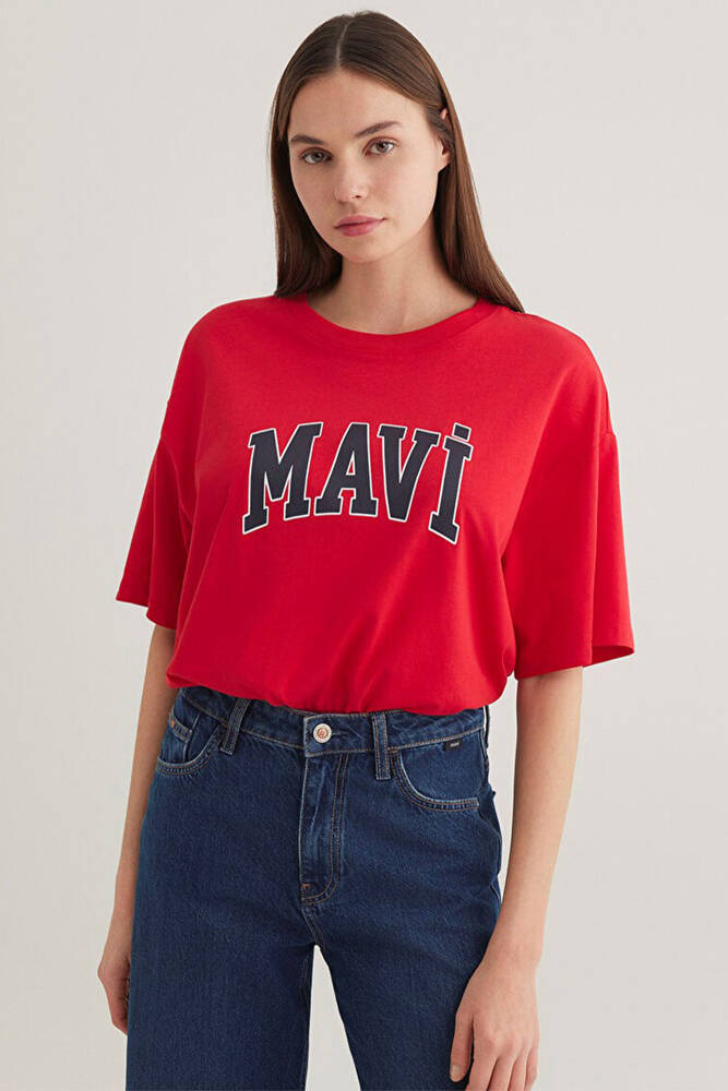 Kadın Mavi Logo Baskılı Tişört 1600843-82054 Kırmızı 