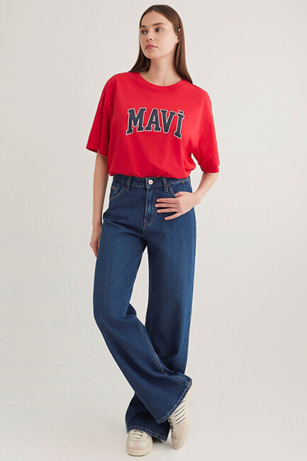 Kadın Mavi Logo Baskılı Tişört 1600843-82054 Kırmızı - Thumbnail
