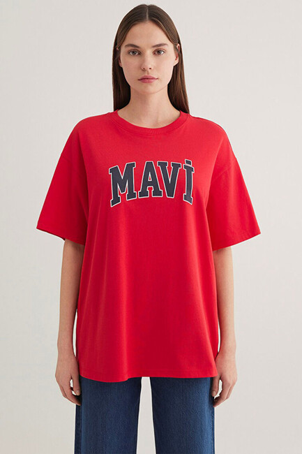 Kadın Mavi Logo Baskılı Tişört 1600843-82054 Kırmızı - Thumbnail