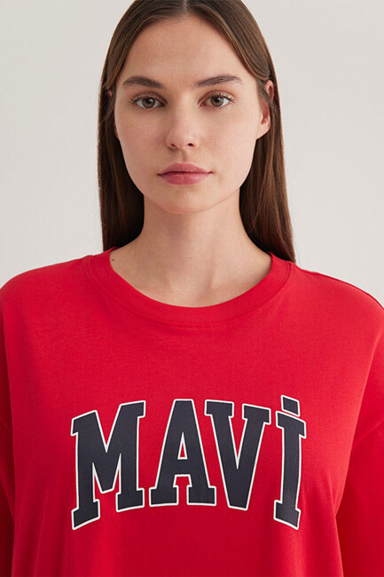 Kadın Mavi Logo Baskılı Tişört 1600843-82054 Kırmızı - Thumbnail