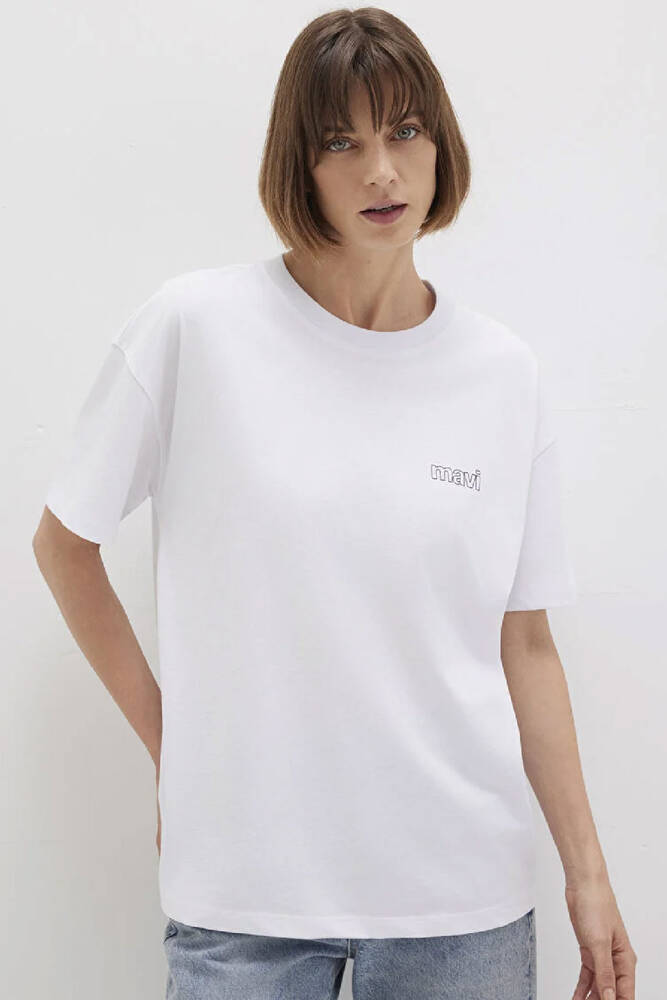 Kadın Mavi Logo Baskılı Tişört 1611309-620 Beyaz 