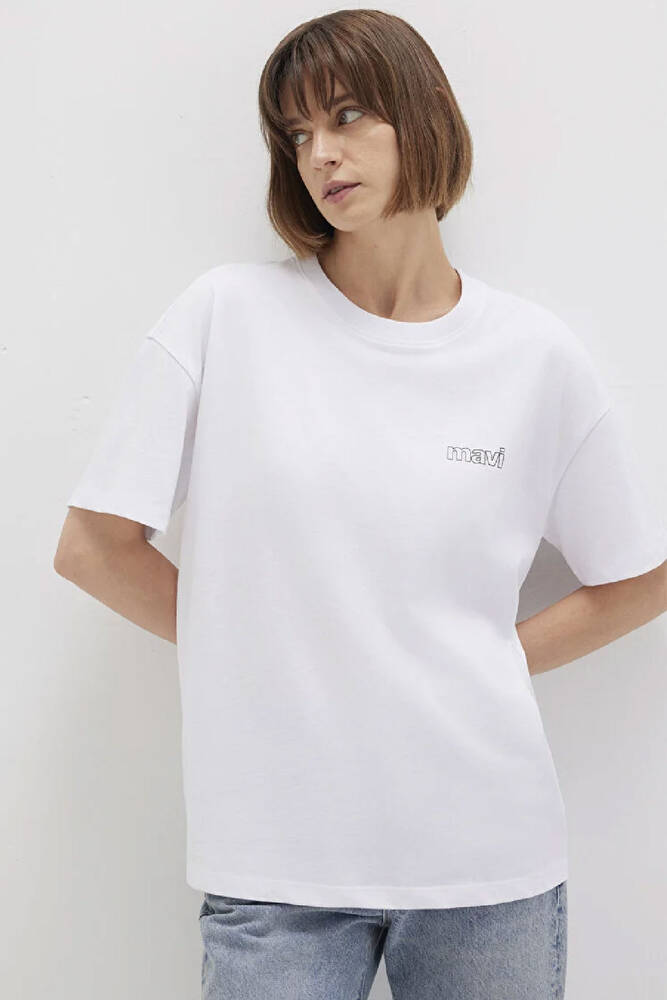 Kadın Mavi Logo Baskılı Tişört 1611309-620 Beyaz 