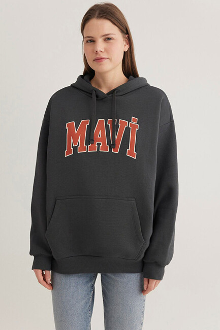 Kadın Mavi Logo Kapüşonlu Sweat 1600361-80106 Gri - Thumbnail