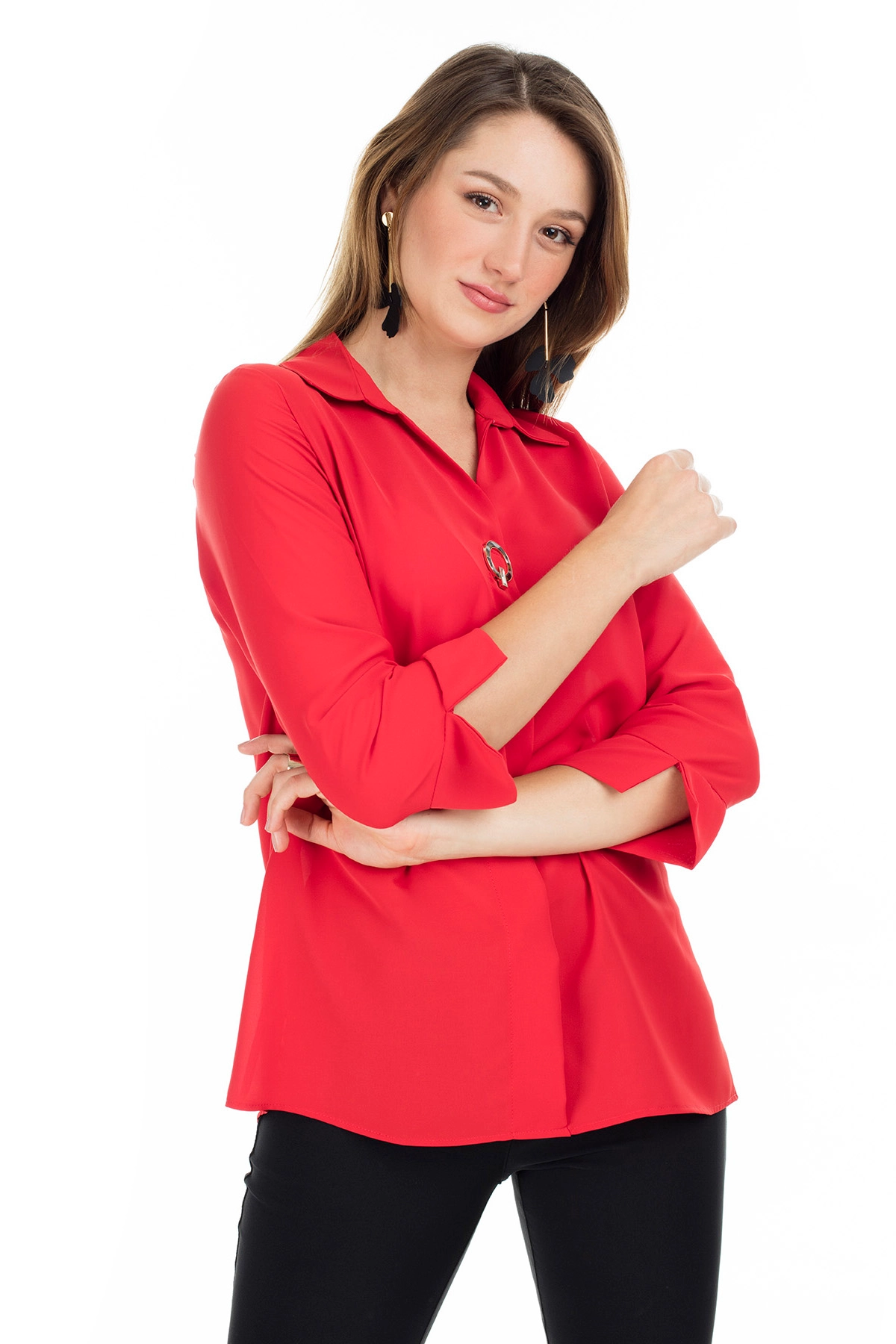 Kadın Metal Aksesuarlı Yarım Kol Bluz 19081285 Kırmızı (1)