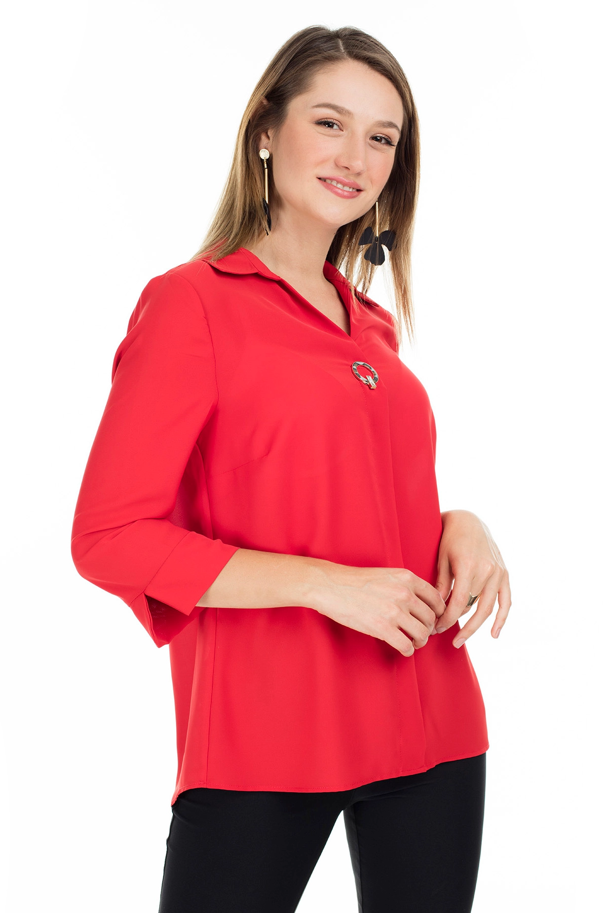 Kadın Metal Aksesuarlı Yarım Kol Bluz 19081285 Kırmızı (2)
