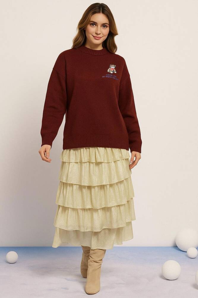 Kadın Nakışlı Kazak 25K0313K1 Bordo 