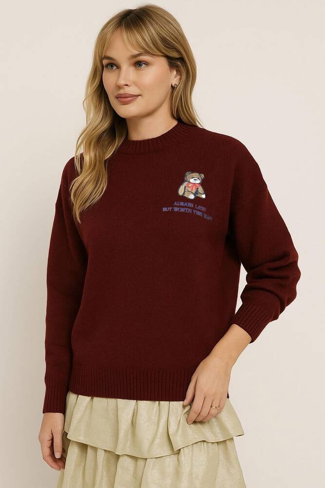 Kadın Nakışlı Kazak 25K0313K1 Bordo 