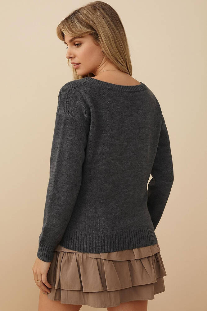 Kadın Nakışlı Kazak 25K0313K1 Gri 