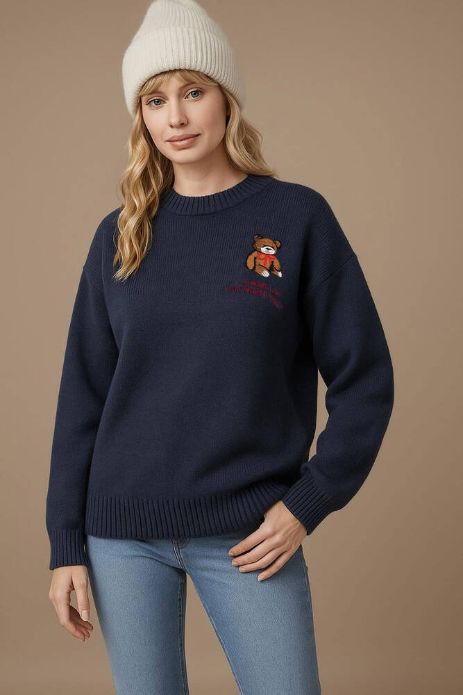 Kadın Nakışlı Kazak 25K0313K1 Mavi 