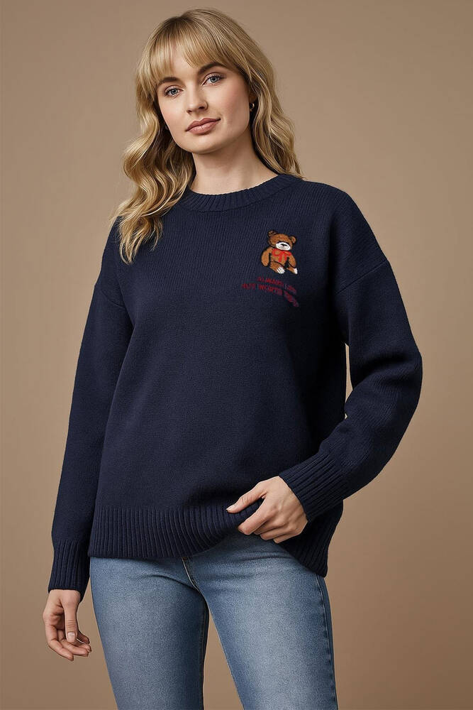 Kadın Nakışlı Kazak 25K0313K1 Mavi 