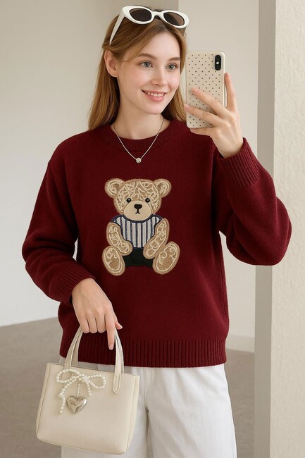 Kadın Nakışlı Kazak 25K0314K1 Bordo (1)