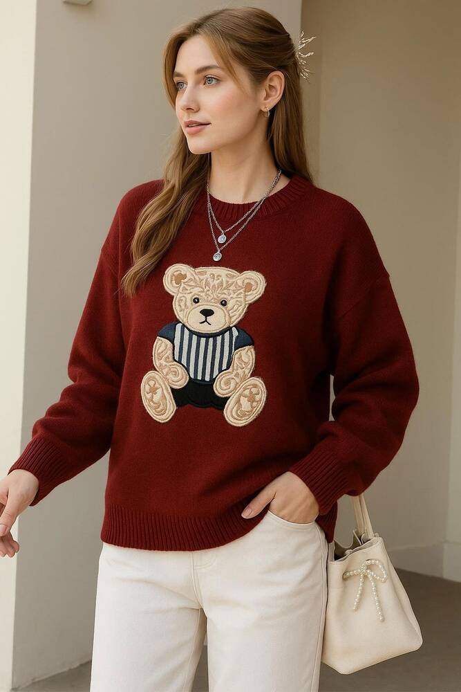 Kadın Nakışlı Kazak 25K0314K1 Bordo 