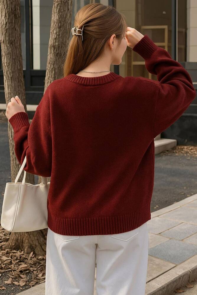 Kadın Nakışlı Kazak 25K0314K1 Bordo 