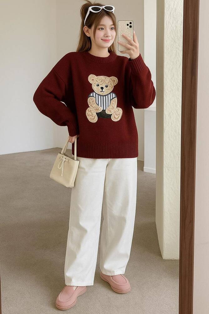 Kadın Nakışlı Kazak 25K0314K1 Bordo 