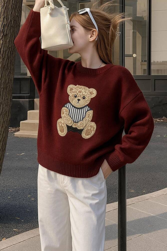 Kadın Nakışlı Kazak 25K0314K1 Bordo 