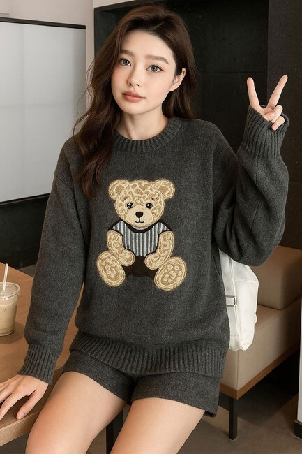 Kadın Nakışlı Kazak 25K0314K1 Gri (1)