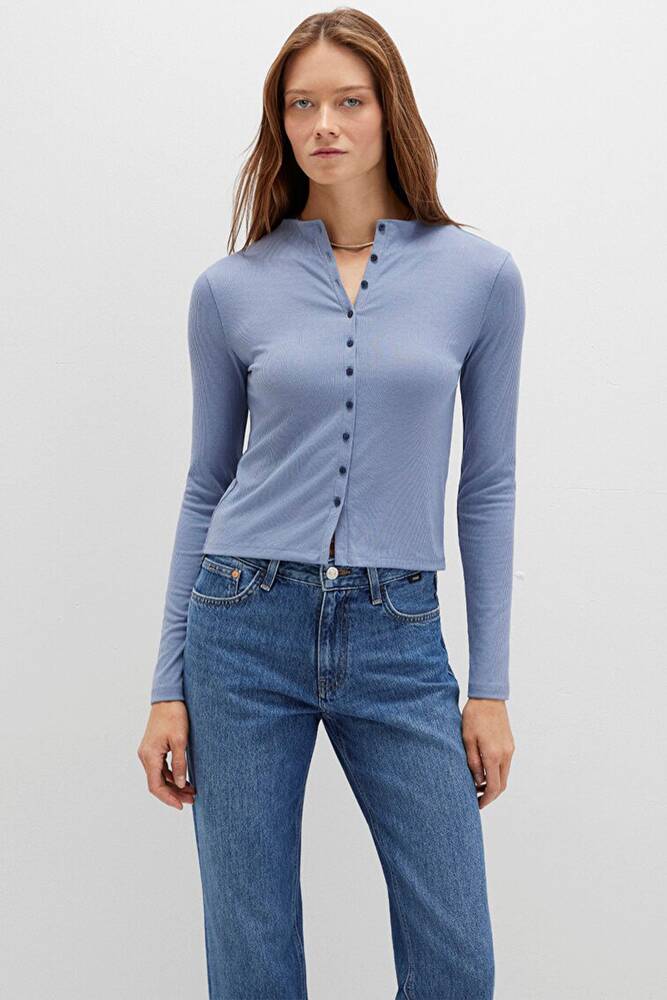 Kadın Önü Düğmeli Modelli Penye 1613695-86802 Mavi 